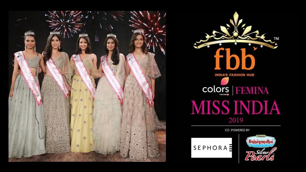 Femina Miss India 2019 finalists on stage in sashes and gowns.